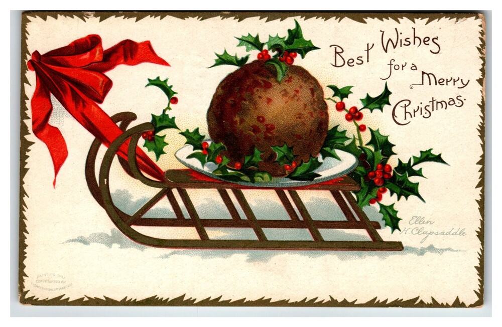 Ellen Clapsaddle Christmas Pudding Sled Postcard 1907 Holly Berries